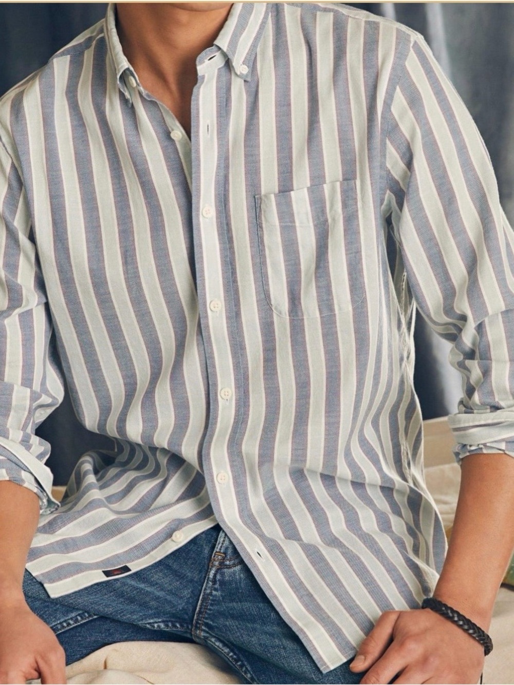 Faherty Men’s Supima Oxford Shirt Coastal Skies Stripe $128 LikeNew